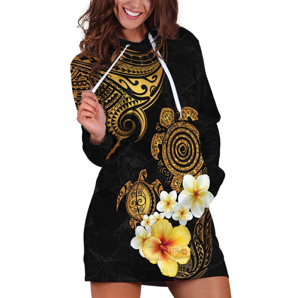 Polynesian Turtle Hoodie Dress Plumeria Hibiscus Pattern Black Color