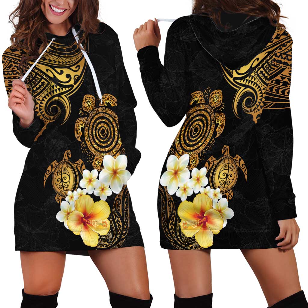Polynesian Turtle Hoodie Dress Plumeria Hibiscus Pattern Black Color LT03 - Polynesian Pride