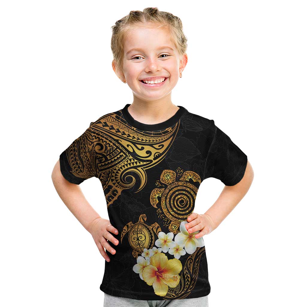 Polynesian Turtle Kid T Shirt Plumeria Hibiscus Pattern Black Color