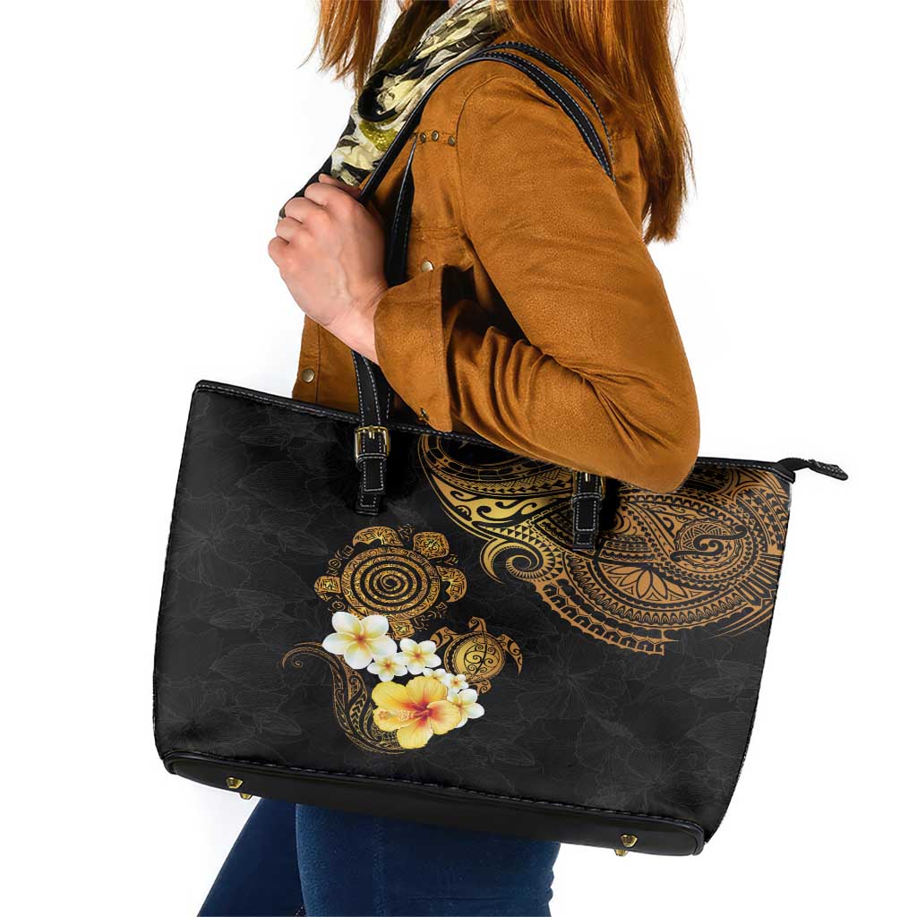 Polynesian Turtle Leather Tote Bag Plumeria Hibiscus Pattern Black Color