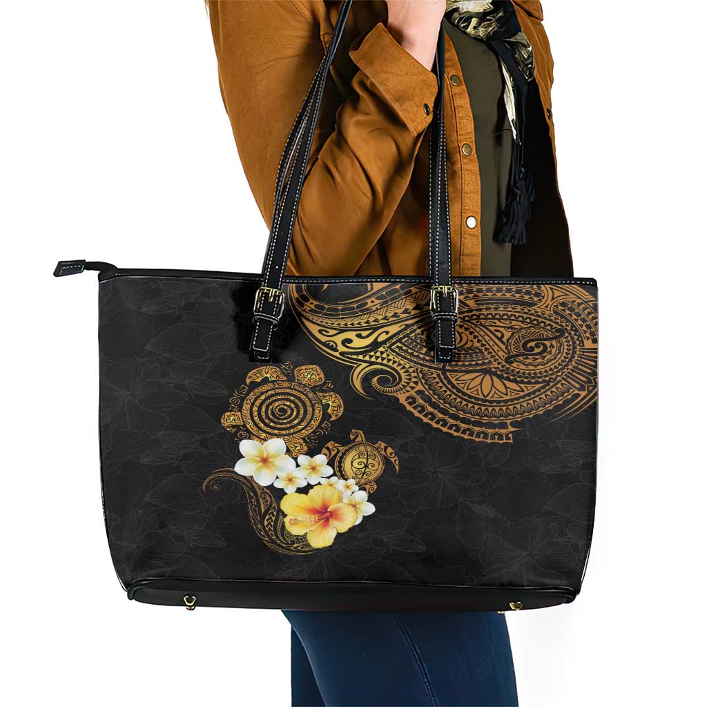 Polynesian Turtle Leather Tote Bag Plumeria Hibiscus Pattern Black Color LT03 - Polynesian Pride
