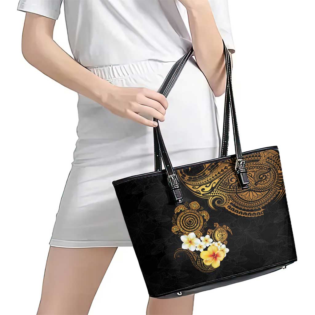 Polynesian Turtle Leather Tote Bag Plumeria Hibiscus Pattern Black Color LT03 - Polynesian Pride