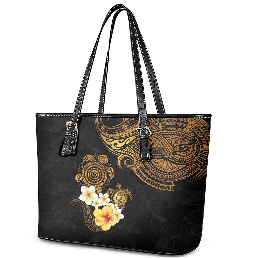 Polynesian Turtle Leather Tote Bag Plumeria Hibiscus Pattern Black Color LT03 - Polynesian Pride