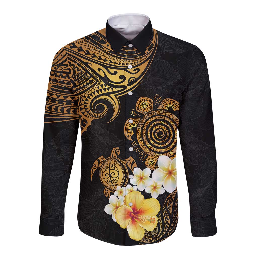 Polynesian Turtle Long Sleeve Button Shirt Plumeria Hibiscus Pattern Black Color