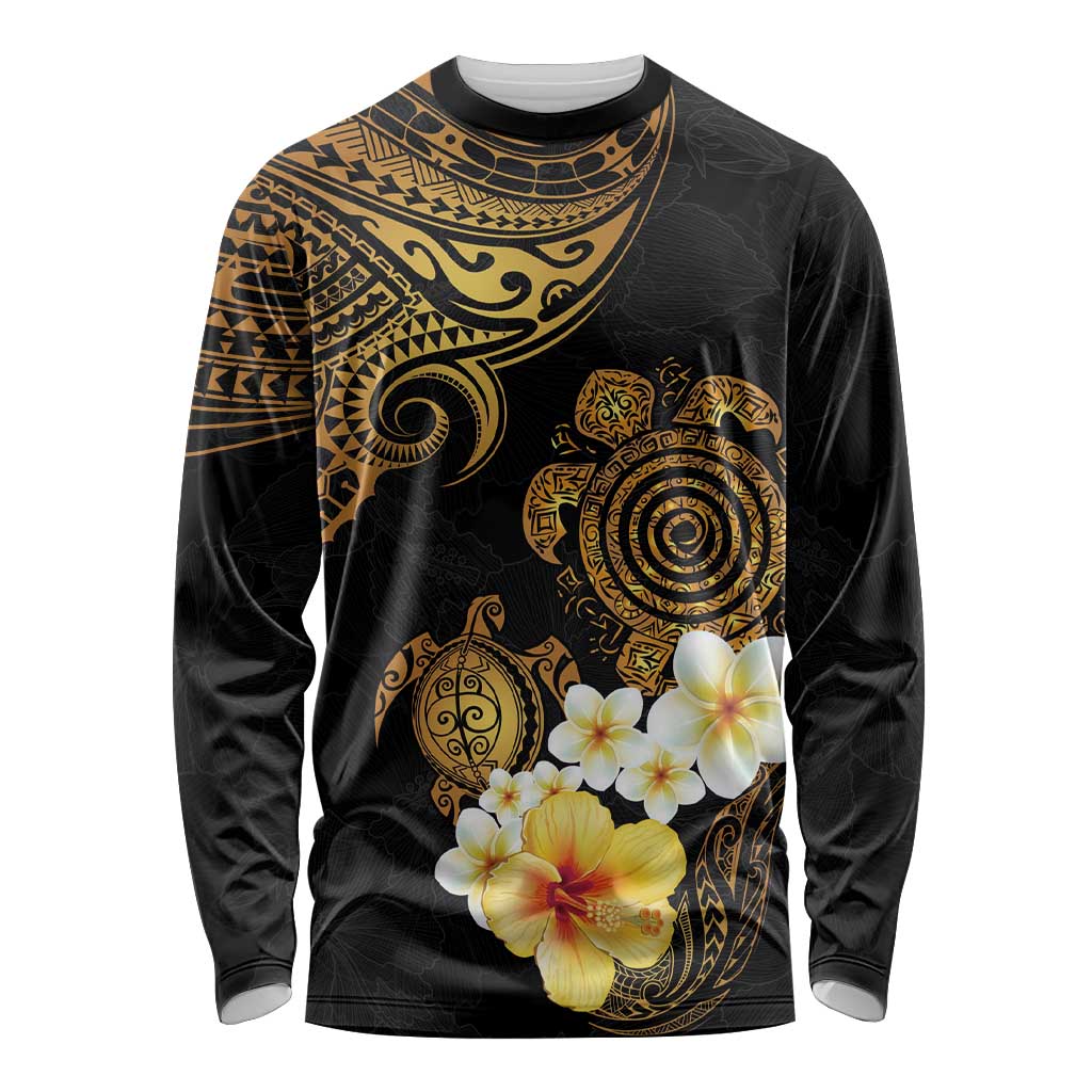 Polynesian Turtle Long Sleeve Shirt Plumeria Hibiscus Pattern Black Color