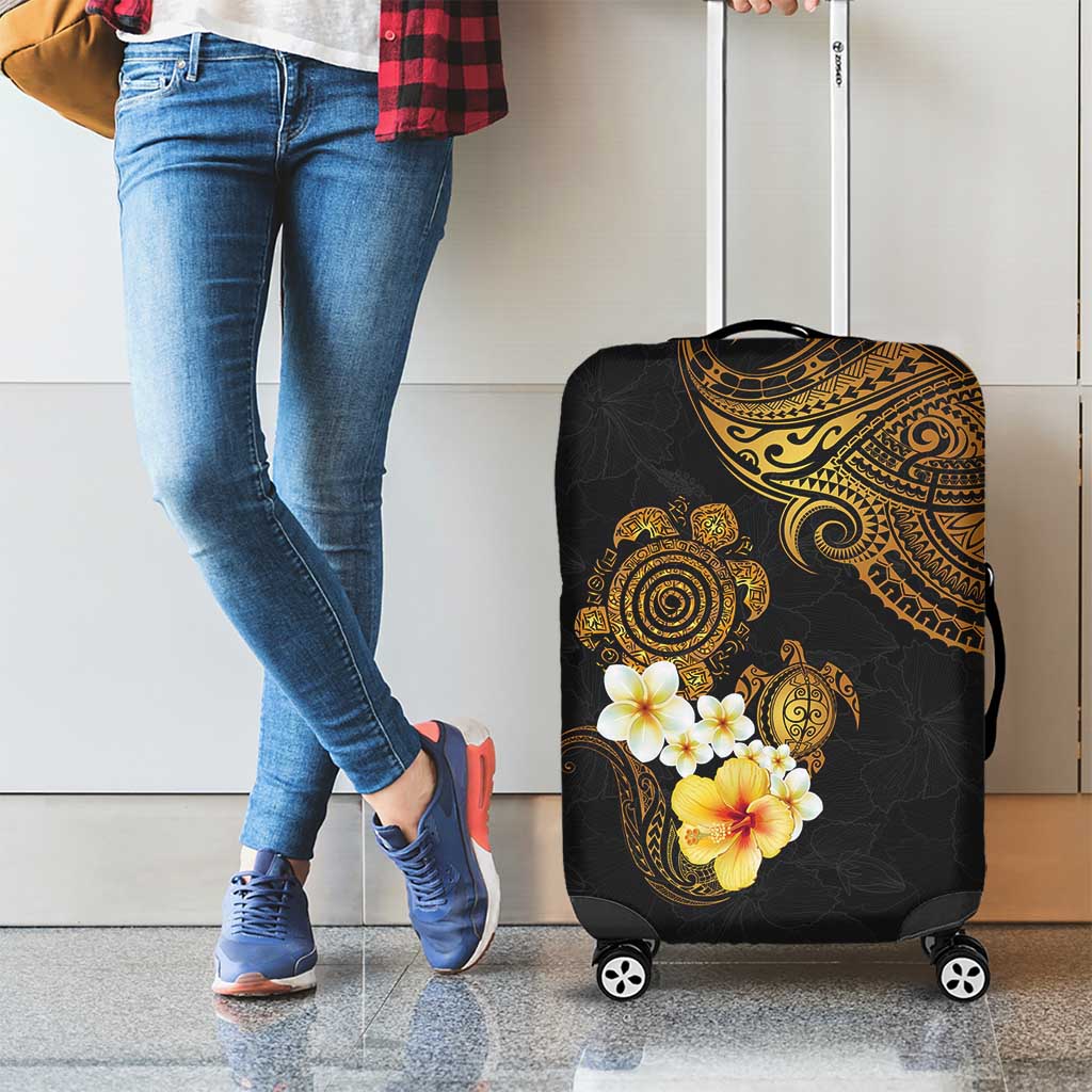 Polynesian Turtle Luggage Cover Plumeria Hibiscus Pattern Black Color