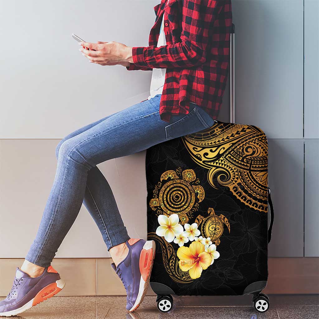 Polynesian Turtle Luggage Cover Plumeria Hibiscus Pattern Black Color