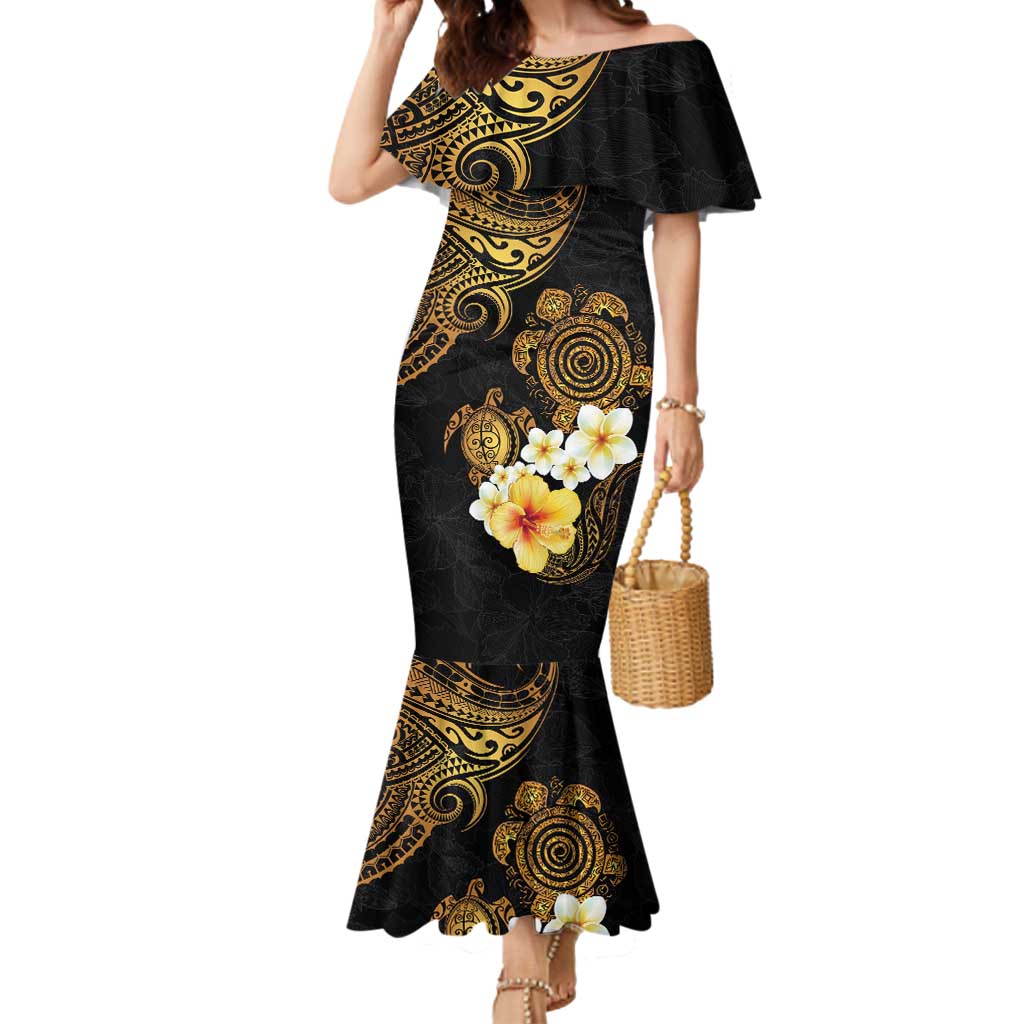 Polynesian Turtle Mermaid Dress Plumeria Hibiscus Pattern Black Color