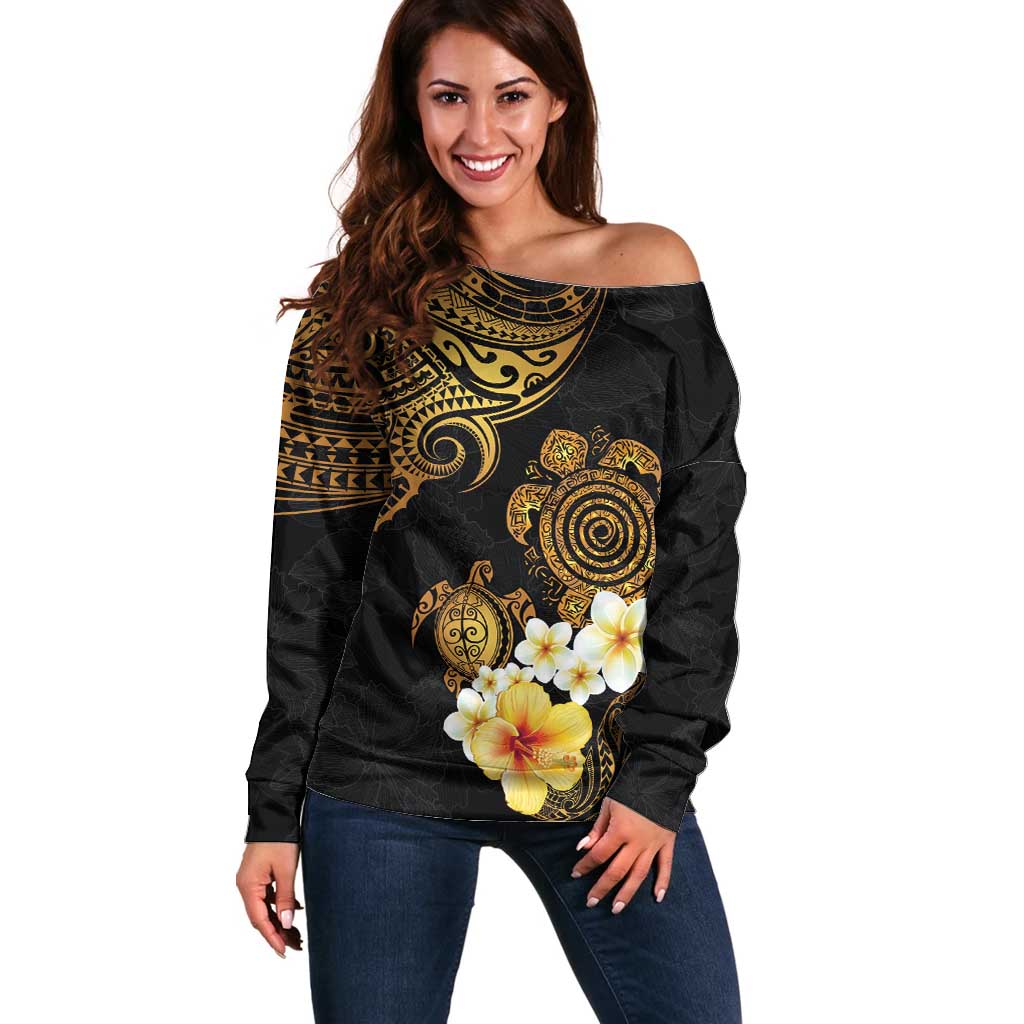 Polynesian Turtle Off Shoulder Sweater Plumeria Hibiscus Pattern Black Color