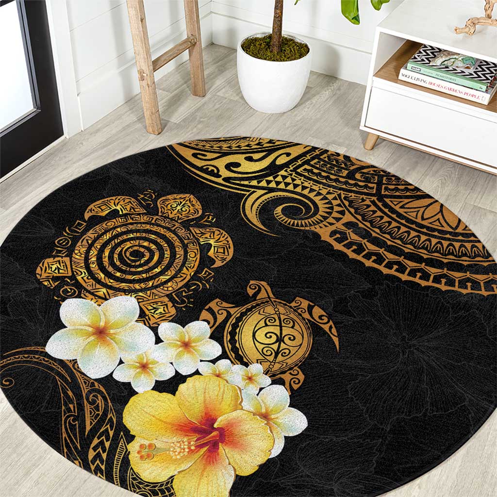 Polynesian Turtle Round Carpet Plumeria Hibiscus Pattern Black Color