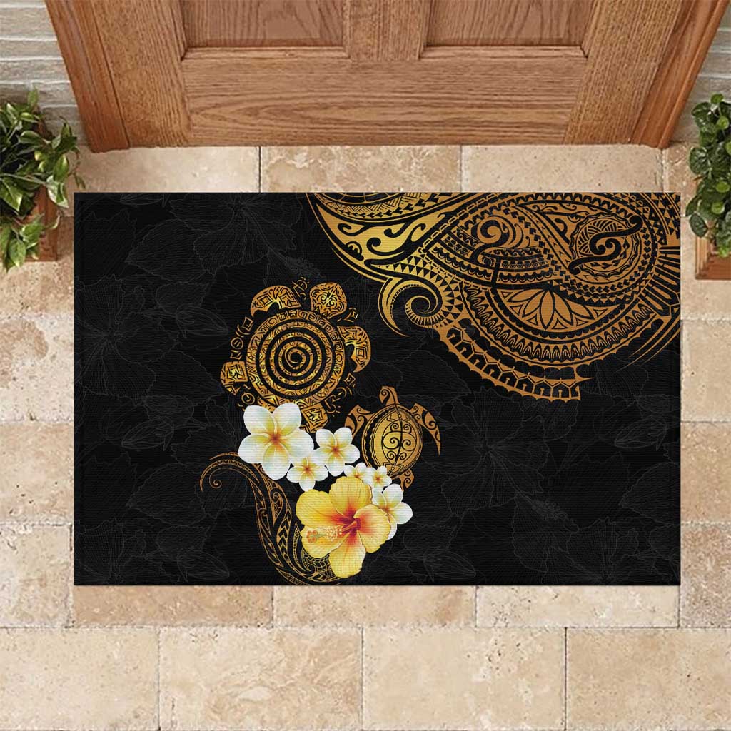 Polynesian Turtle Rubber Doormat Plumeria Hibiscus Pattern Black Color