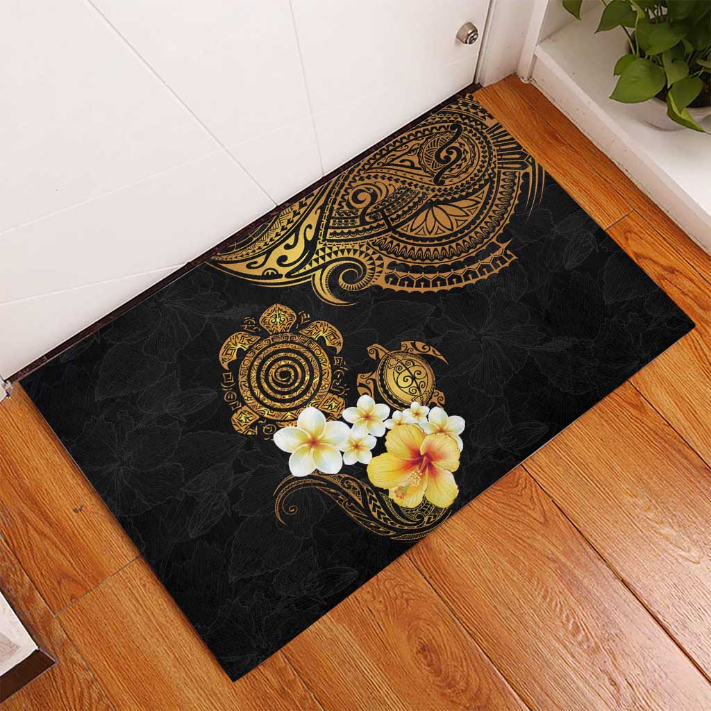 Polynesian Turtle Rubber Doormat Plumeria Hibiscus Pattern Black Color