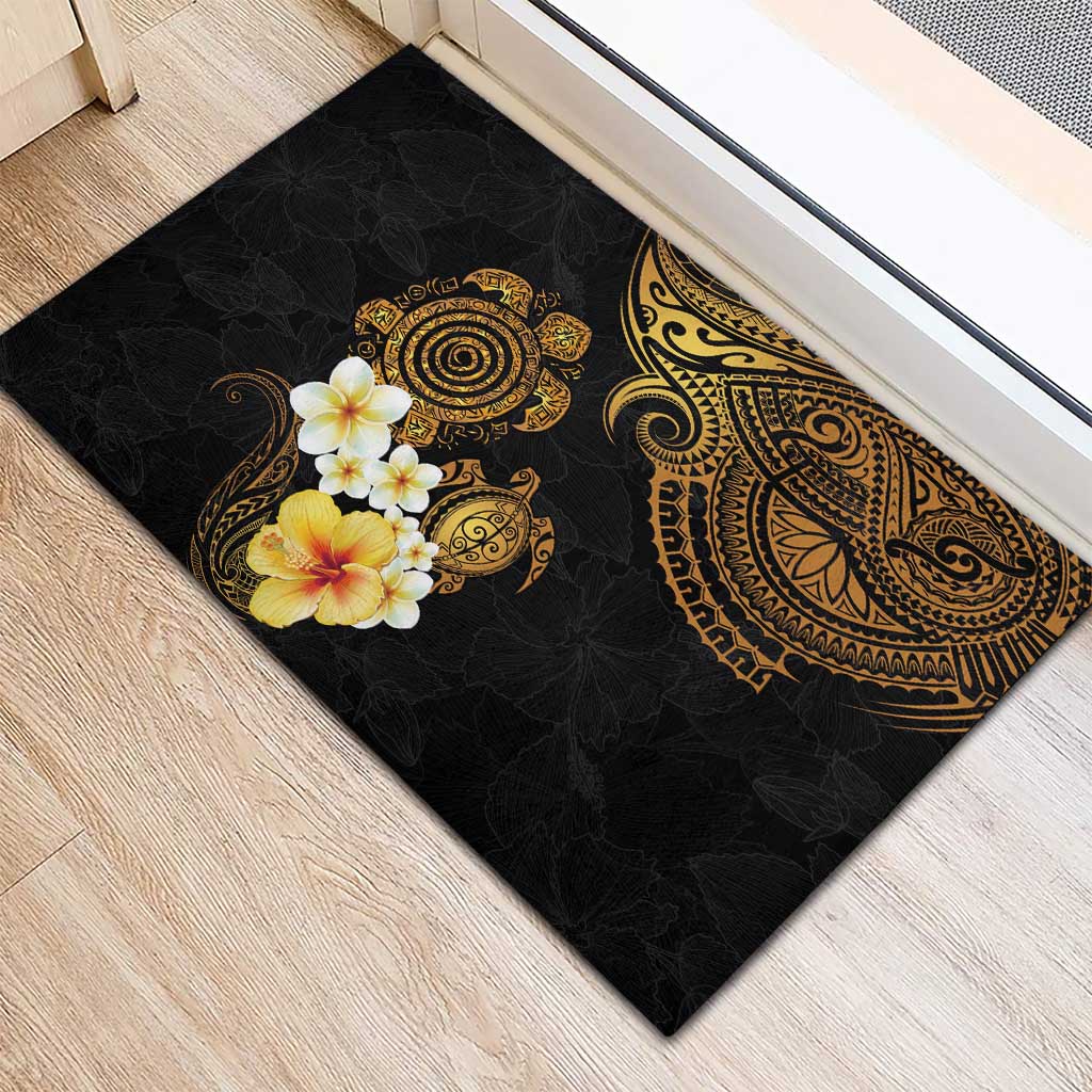 Polynesian Turtle Rubber Doormat Plumeria Hibiscus Pattern Black Color