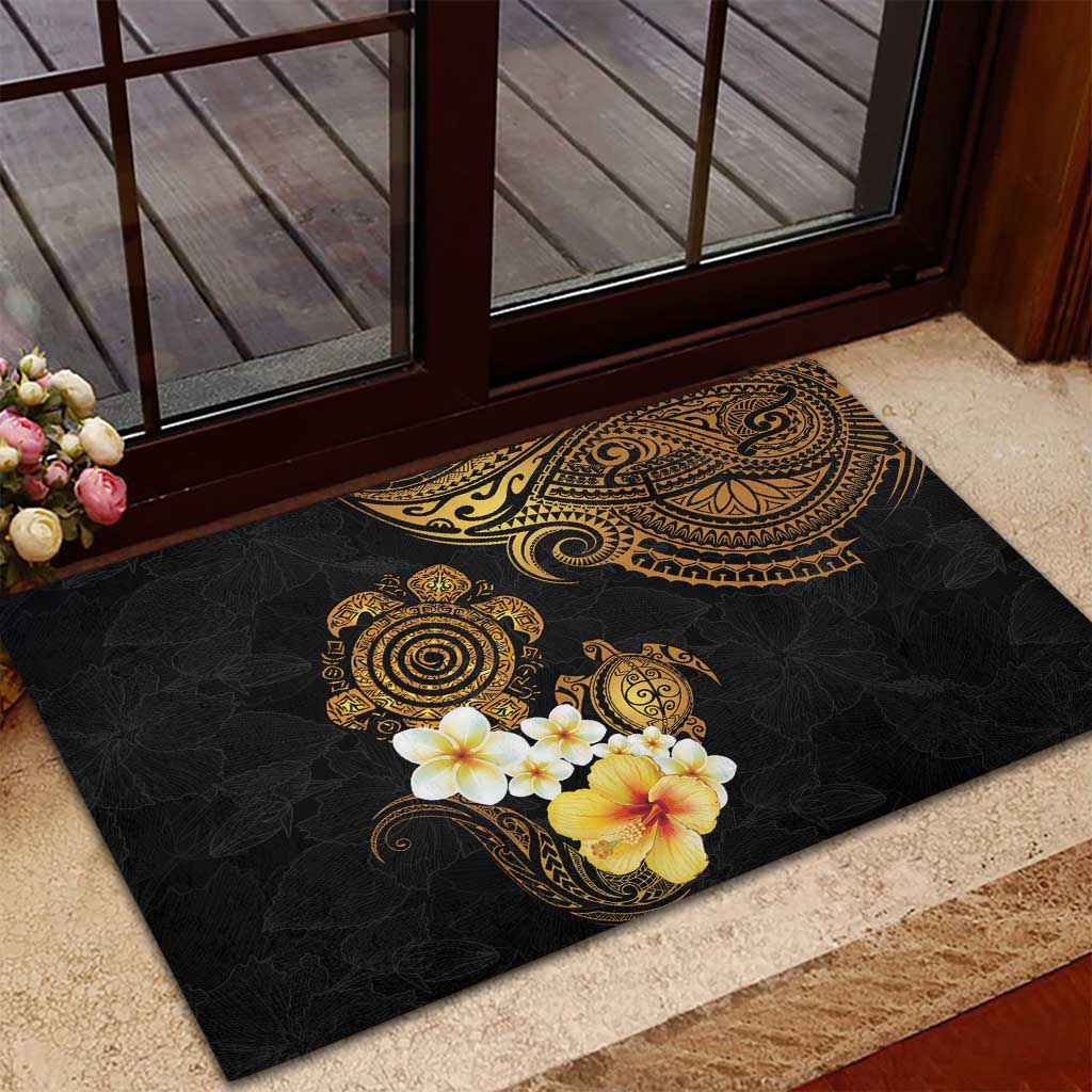 Polynesian Turtle Rubber Doormat Plumeria Hibiscus Pattern Black Color