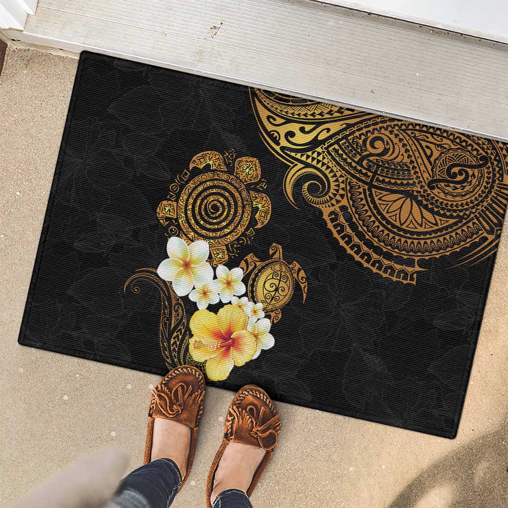 Polynesian Turtle Rubber Doormat Plumeria Hibiscus Pattern Black Color