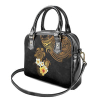 Polynesian Turtle Shoulder Handbag Plumeria Hibiscus Pattern Black Color
