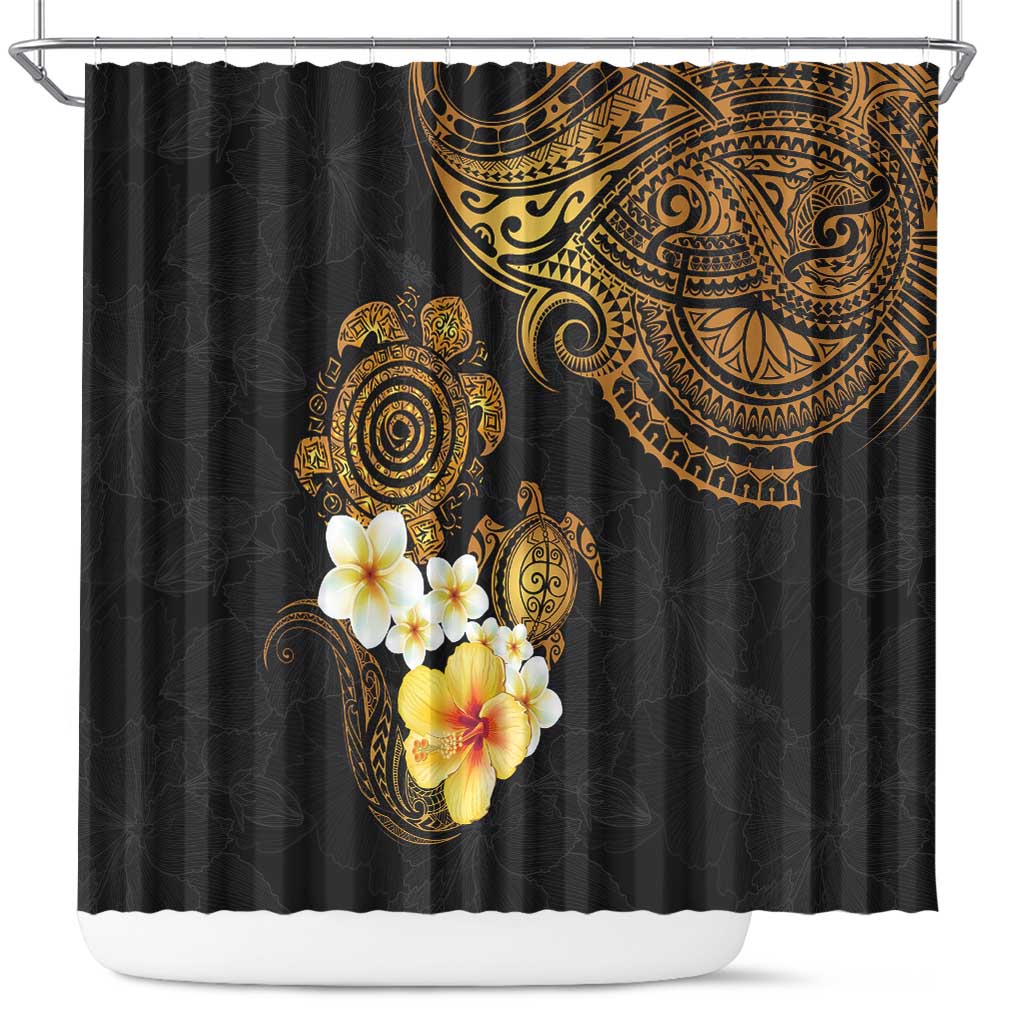 Polynesian Turtle Shower Curtain Plumeria Hibiscus Pattern Black Color