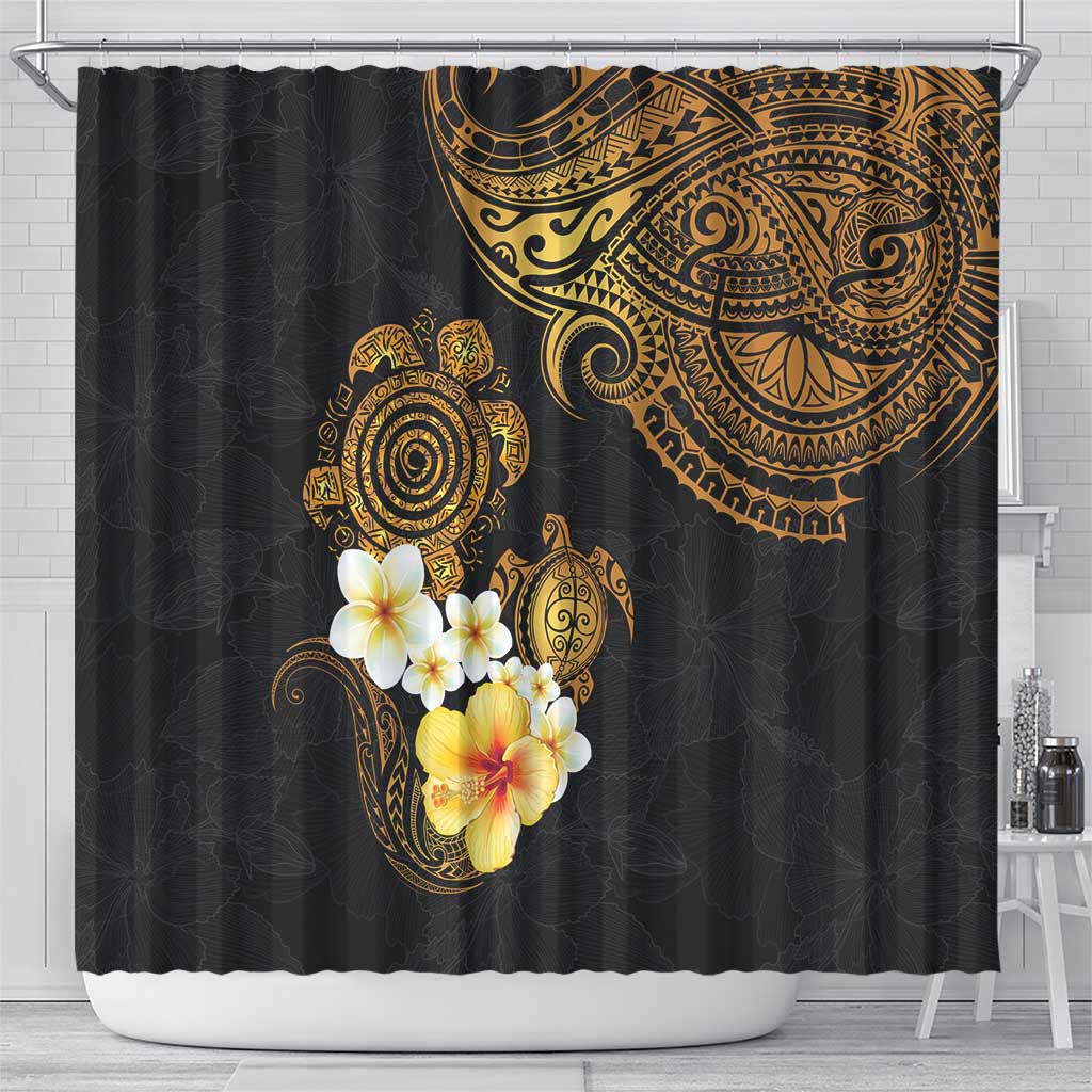 Polynesian Turtle Shower Curtain Plumeria Hibiscus Pattern Black Color