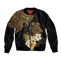 Polynesian Turtle Sleeve Zip Bomber Jacket Plumeria Hibiscus Pattern Black Color