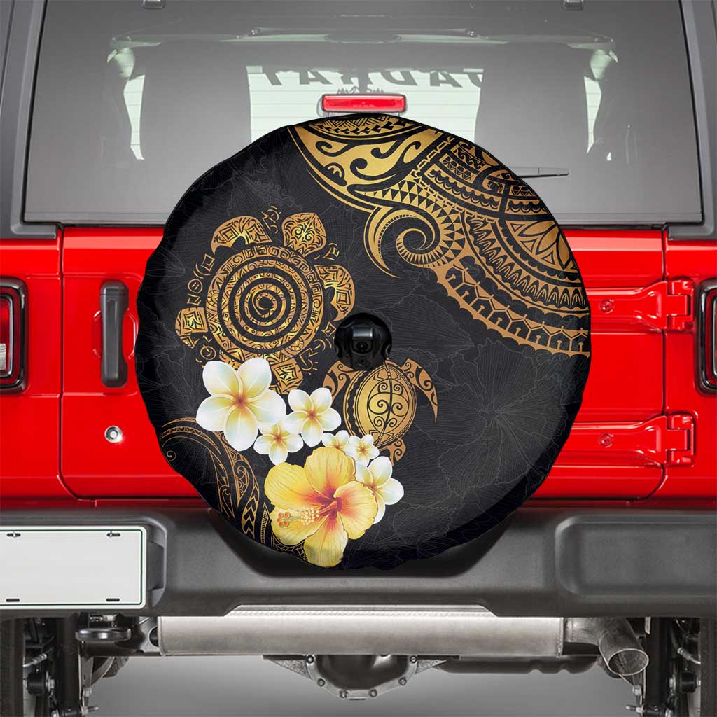 Polynesian Turtle Spare Tire Cover Plumeria Hibiscus Pattern Black Color LT03 - Polynesian Pride