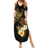 Polynesian Turtle Summer Maxi Dress Plumeria Hibiscus Pattern Black Color LT03 Women Black - Polynesian Pride