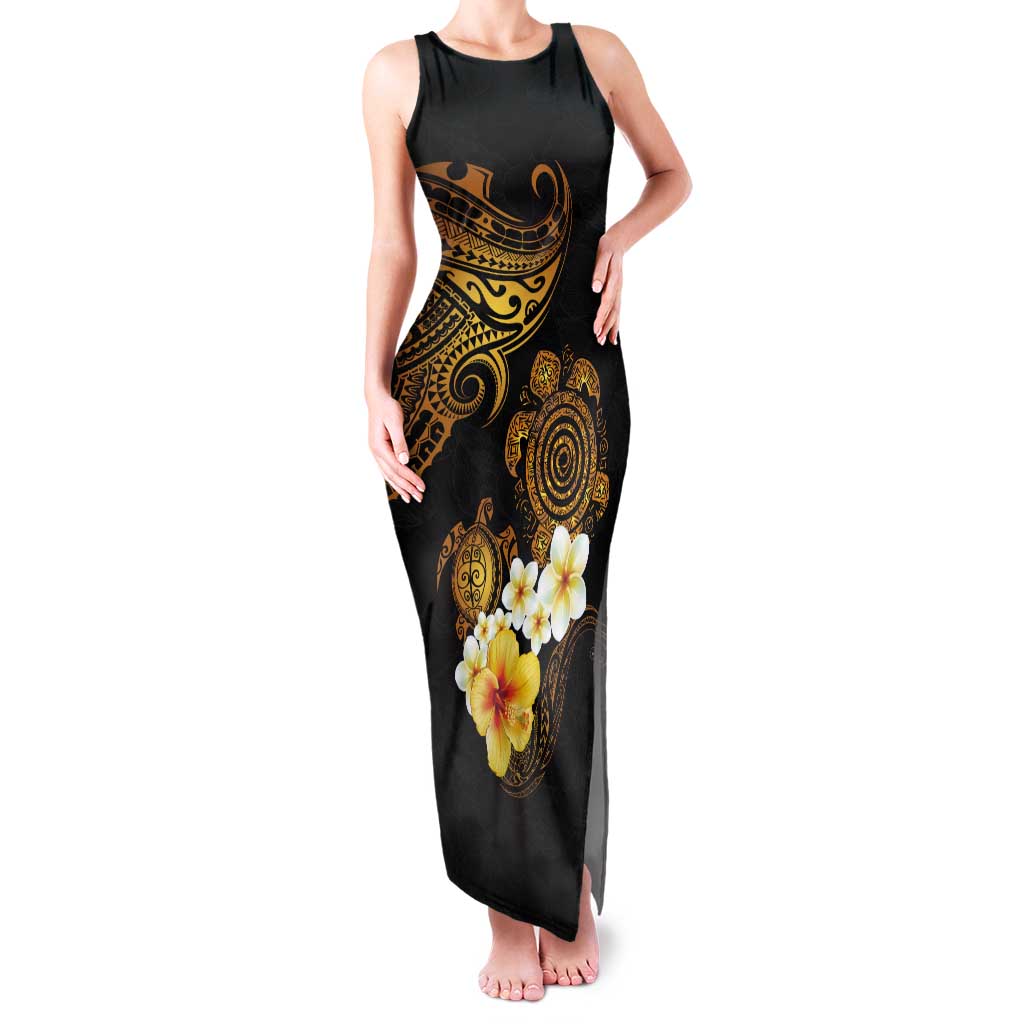 Polynesian Turtle Tank Maxi Dress Plumeria Hibiscus Pattern Black Color