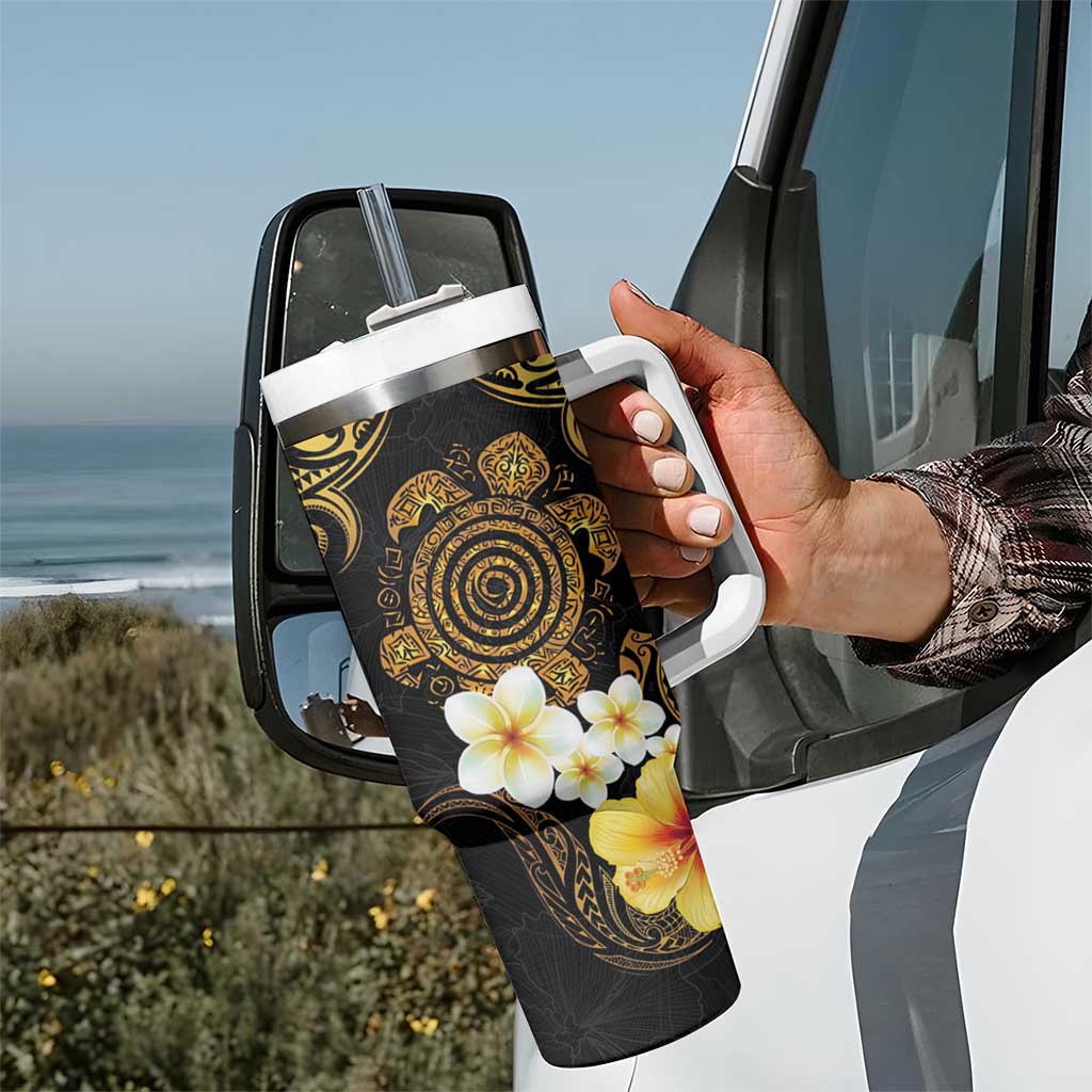 Polynesian Turtle Tumbler With Handle Plumeria Hibiscus Pattern Black Color LT03 - Polynesian Pride