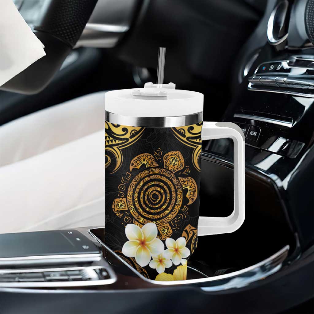 Polynesian Turtle Tumbler With Handle Plumeria Hibiscus Pattern Black Color LT03 - Polynesian Pride