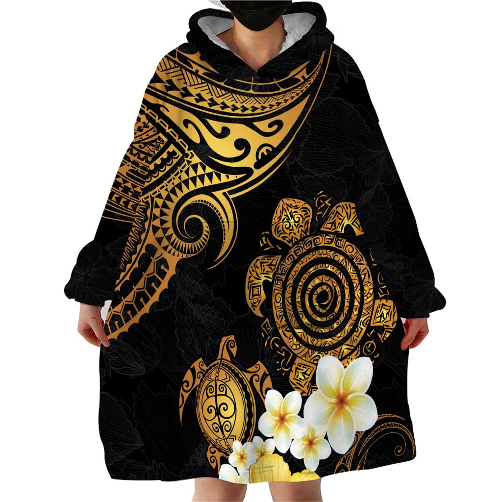 Polynesian Turtle Wearable Blanket Hoodie Plumeria Hibiscus Pattern Black Color LT03 - Polynesian Pride
