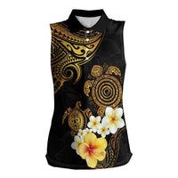 Polynesian Turtle Women Sleeveless Polo Shirt Plumeria Hibiscus Pattern Black Color