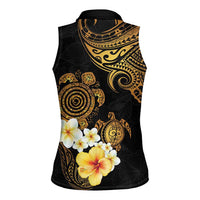 Polynesian Turtle Women Sleeveless Polo Shirt Plumeria Hibiscus Pattern Black Color