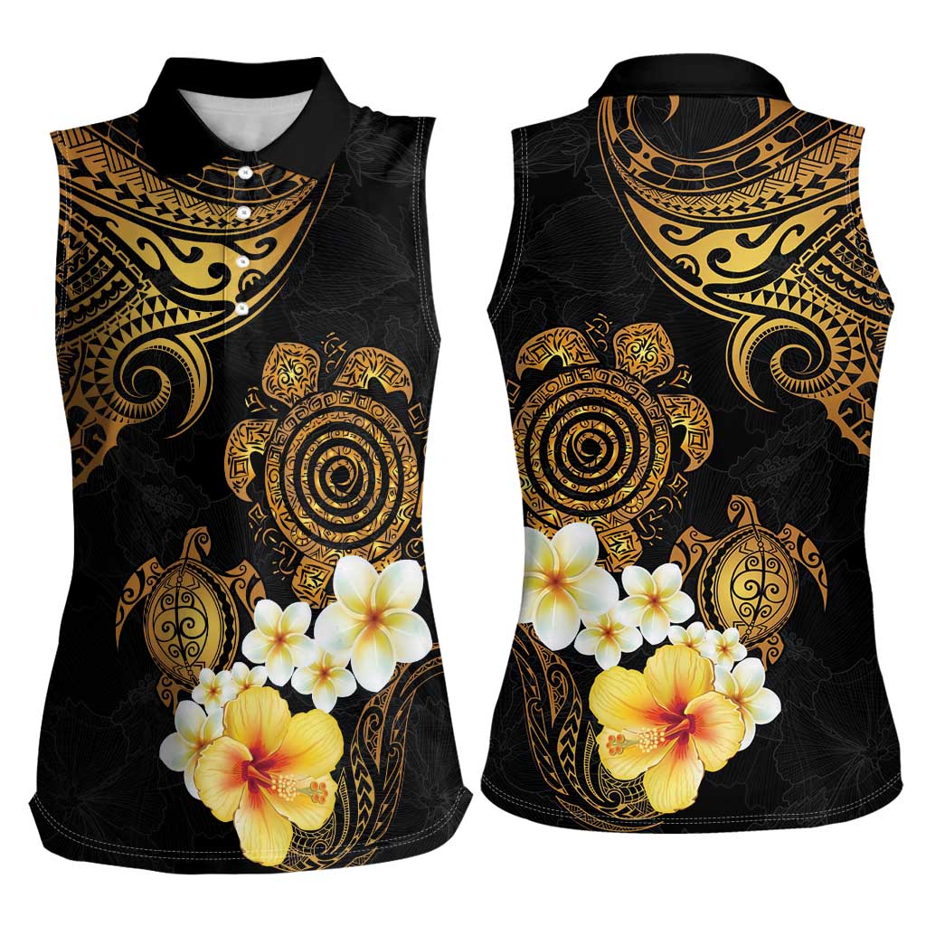 Polynesian Turtle Women Sleeveless Polo Shirt Plumeria Hibiscus Pattern Black Color