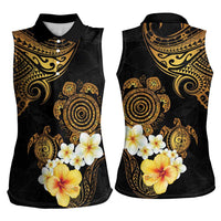 Polynesian Turtle Women Sleeveless Polo Shirt Plumeria Hibiscus Pattern Black Color