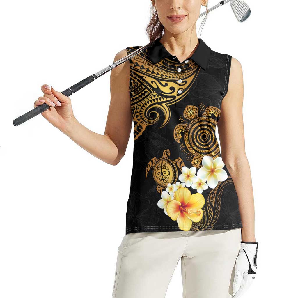 Polynesian Turtle Women Sleeveless Polo Shirt Plumeria Hibiscus Pattern Black Color