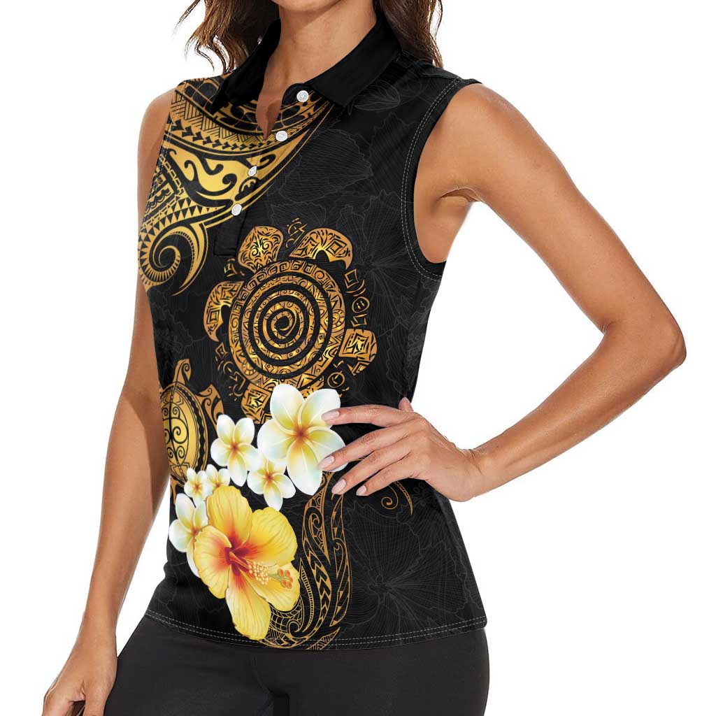 Polynesian Turtle Women Sleeveless Polo Shirt Plumeria Hibiscus Pattern Black Color