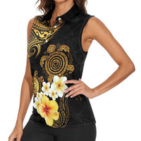 Polynesian Turtle Women Sleeveless Polo Shirt Plumeria Hibiscus Pattern Black Color