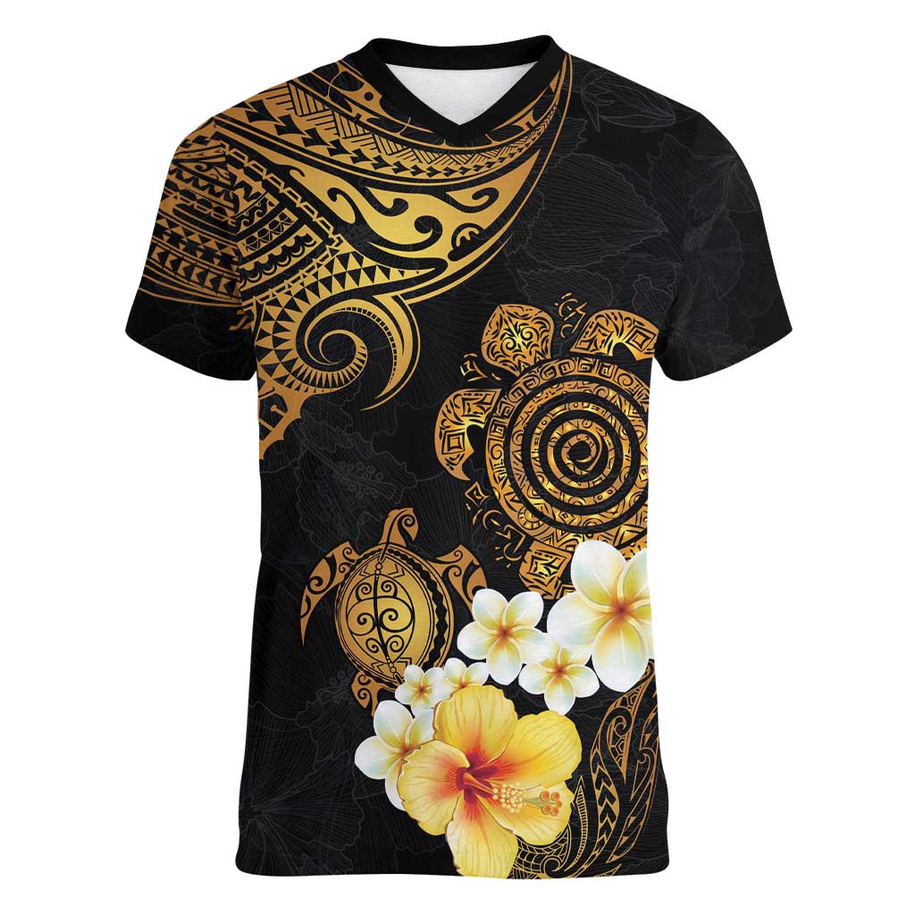 Polynesian Turtle Women V-Neck T-Shirt Plumeria Hibiscus Pattern Black Color