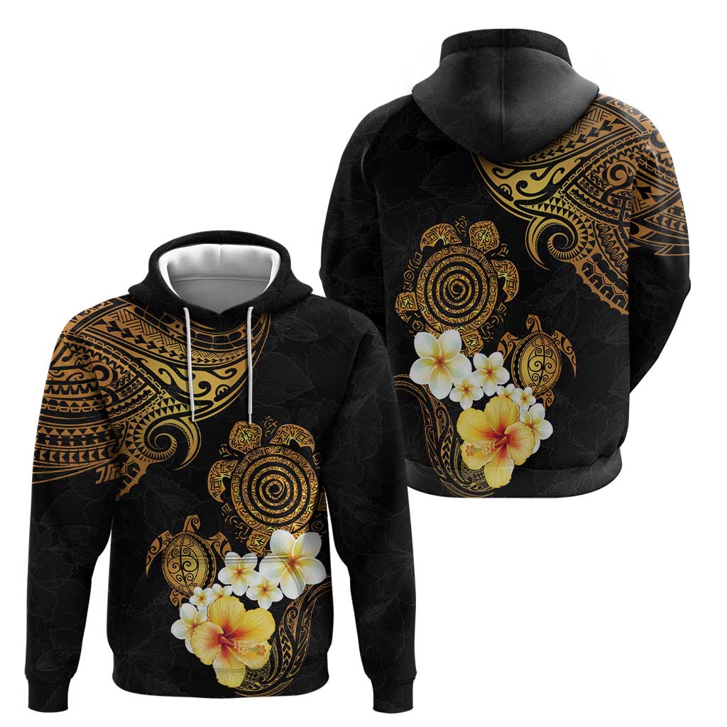 Polynesian Turtle Zip Hoodie Plumeria Hibiscus Pattern Black Color