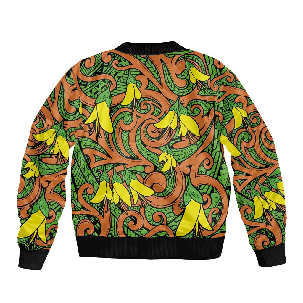 New Zealand Kowhai Flowers Bomber Jacket Maori Koru Pattern
