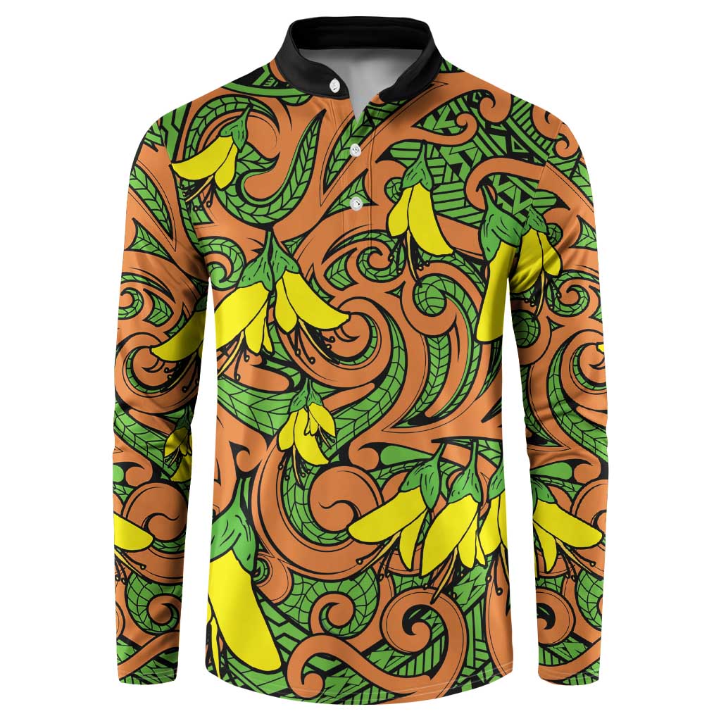 New Zealand Kowhai Flowers Button Sweatshirt Maori Koru Pattern LT03 Orange - Polynesian Pride