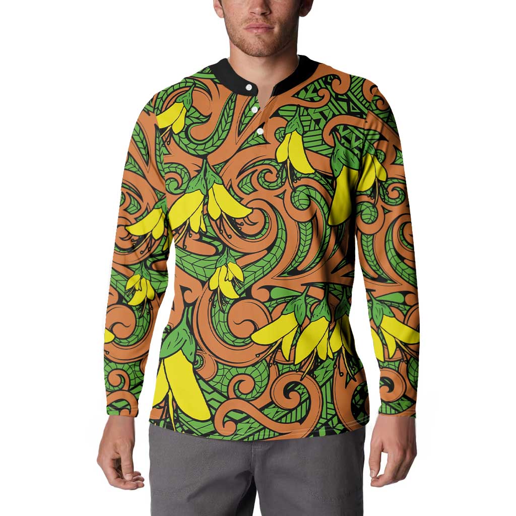 New Zealand Kowhai Flowers Button Sweatshirt Maori Koru Pattern LT03 - Polynesian Pride