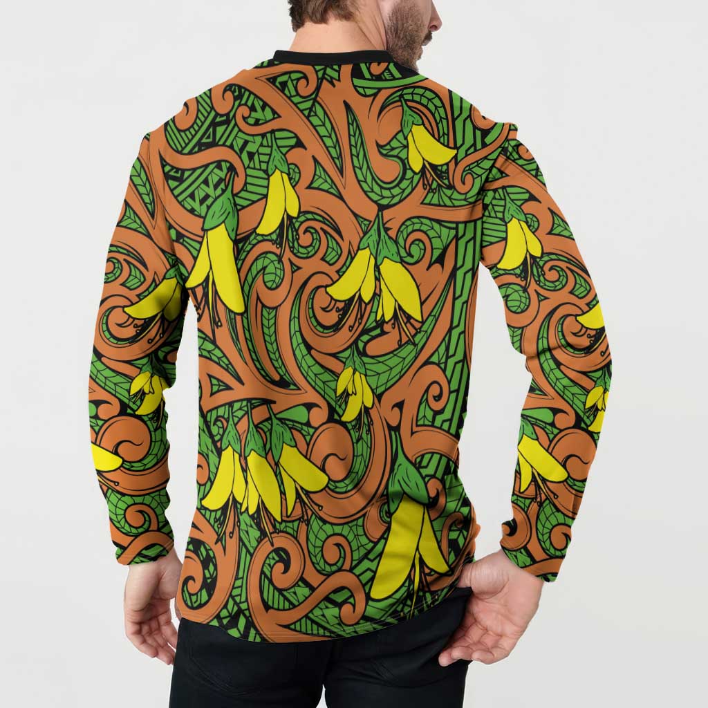 New Zealand Kowhai Flowers Button Sweatshirt Maori Koru Pattern LT03 - Polynesian Pride