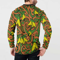 New Zealand Kowhai Flowers Button Sweatshirt Maori Koru Pattern LT03 - Polynesian Pride