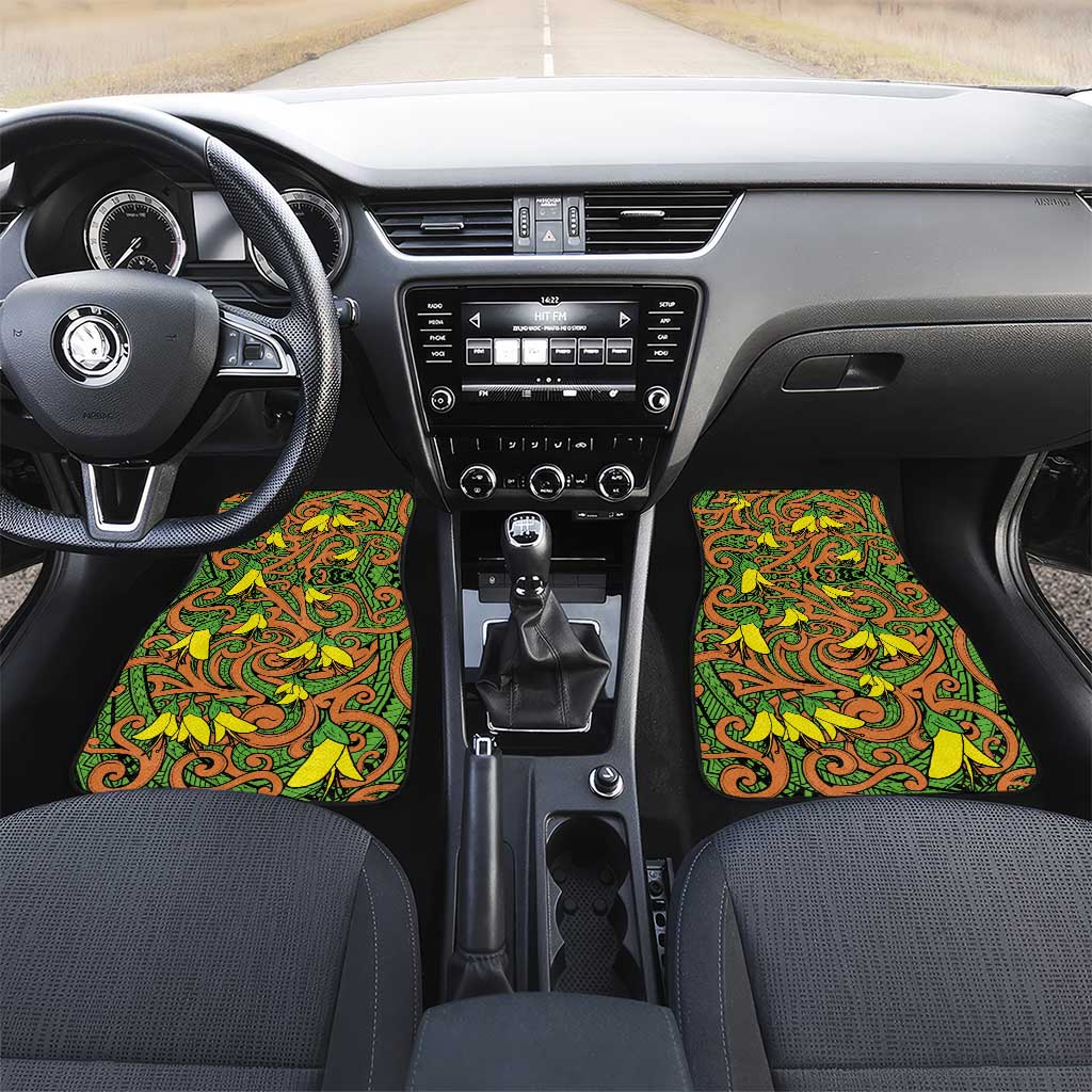 New Zealand Kowhai Flowers Car Mats Maori Koru Pattern LT03 Set 2pcs - Front Orange - Polynesian Pride