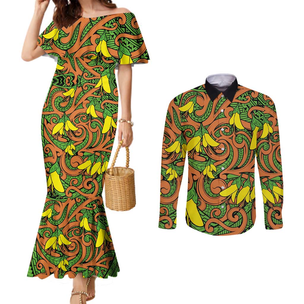 New Zealand Kowhai Flowers Couples Matching Mermaid Dress and Long Sleeve Button Shirt Maori Koru Pattern LT03 Orange - Polynesian Pride