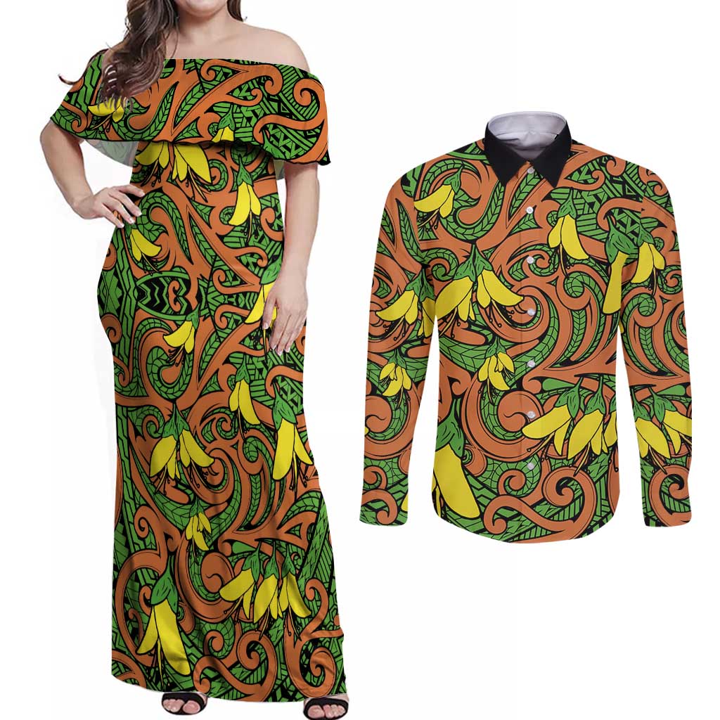 New Zealand Kowhai Flowers Couples Matching Off Shoulder Maxi Dress and Long Sleeve Button Shirt Maori Koru Pattern LT03 Orange - Polynesian Pride