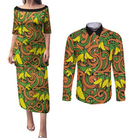 New Zealand Kowhai Flowers Couples Matching Puletasi and Long Sleeve Button Shirt Maori Koru Pattern LT03 Orange - Polynesian Pride