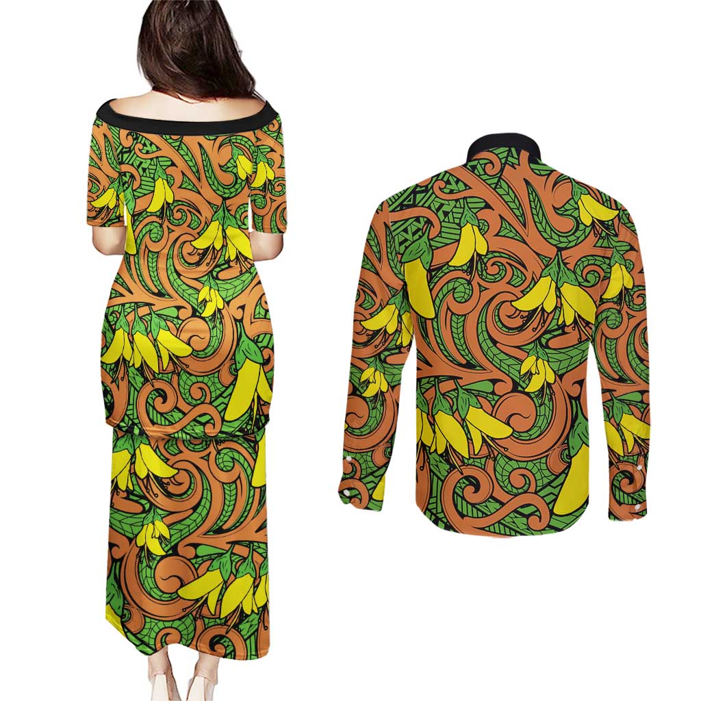 New Zealand Kowhai Flowers Couples Matching Puletasi and Long Sleeve Button Shirt Maori Koru Pattern LT03 - Polynesian Pride