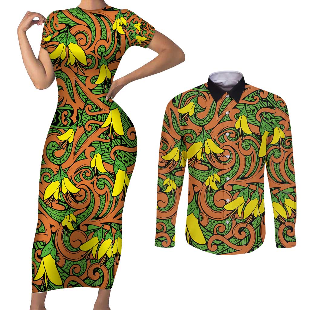New Zealand Kowhai Flowers Couples Matching Short Sleeve Bodycon Dress and Long Sleeve Button Shirt Maori Koru Pattern LT03 Orange - Polynesian Pride