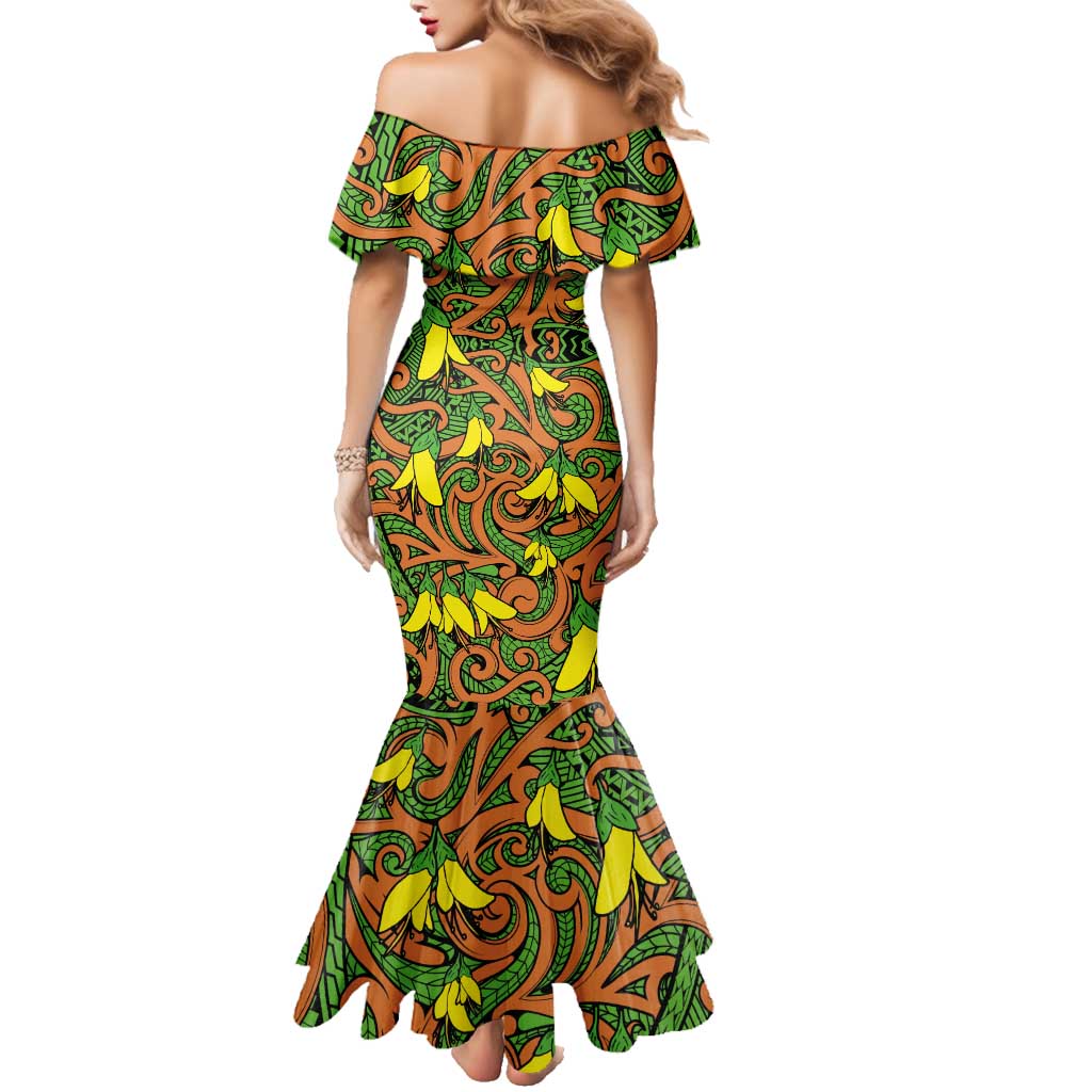 New Zealand Kowhai Flowers Family Matching Mermaid Dress and Hawaiian Shirt Maori Koru Pattern